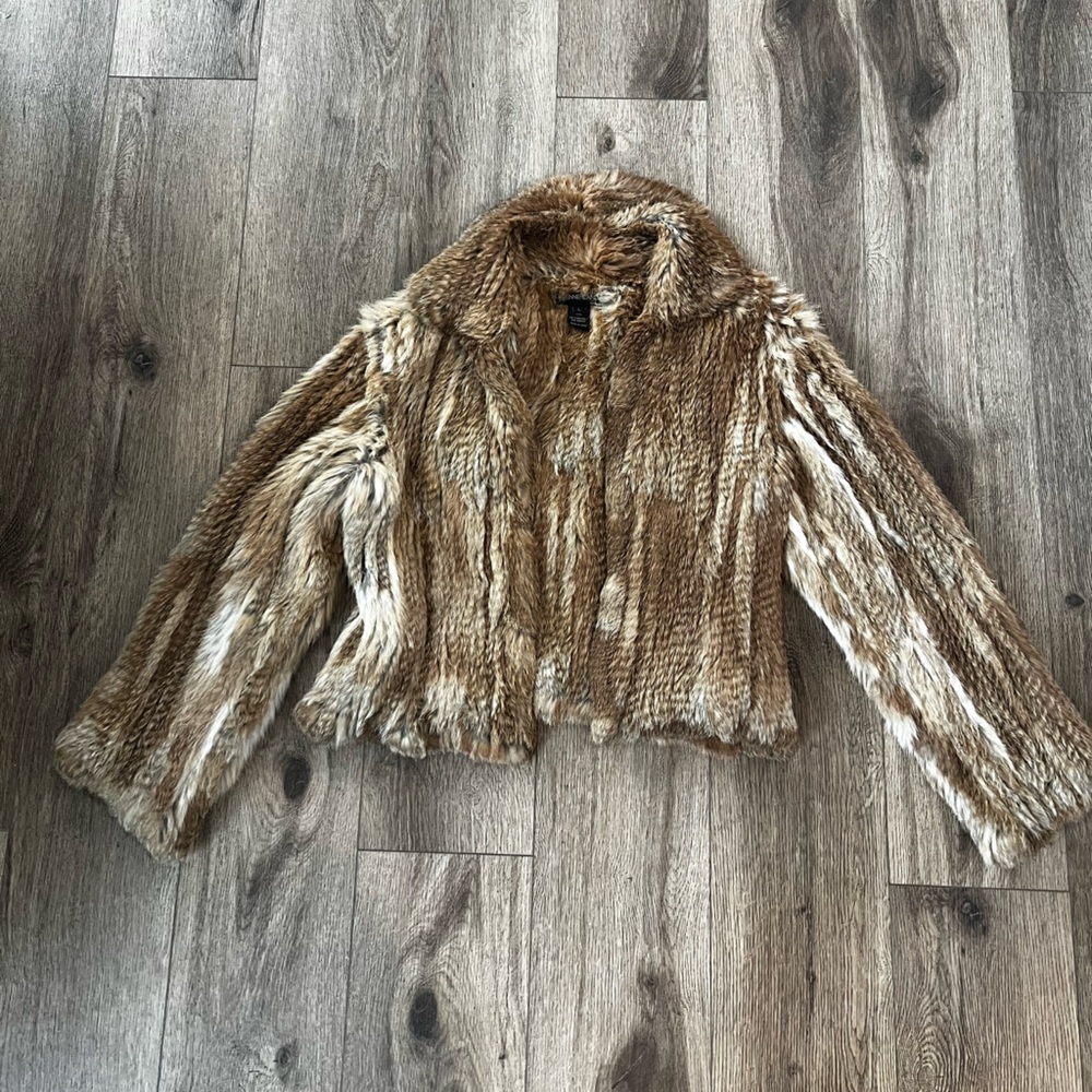 Adrienne Landau Tan / White Rabbit Fur Knitted Jacket